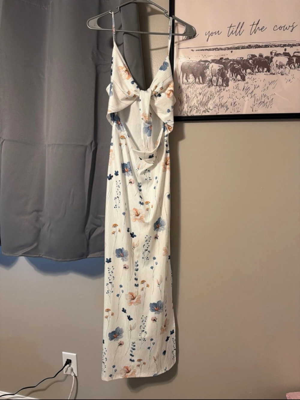 Amazon White Floral Tie-Front Maxi Dress with Blue and Peach Flowers